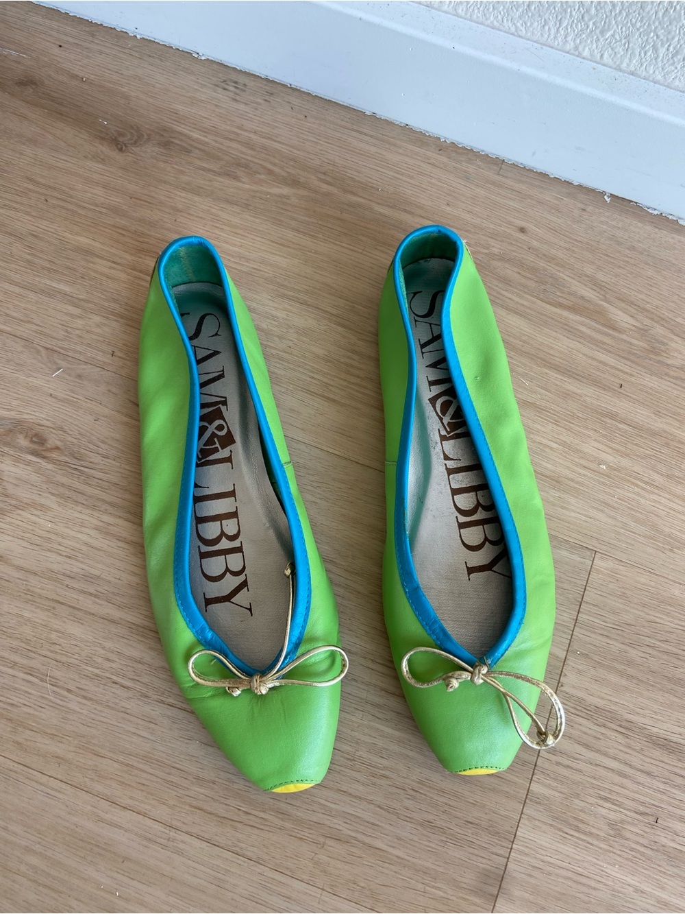 Sam & Libby Lime Green Leather Ballet Flats color block preppy